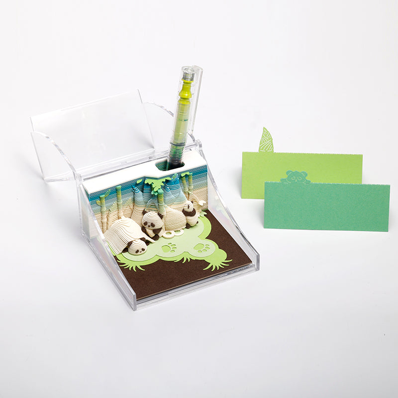 Note pad with panda design, pen, and cards on a white background