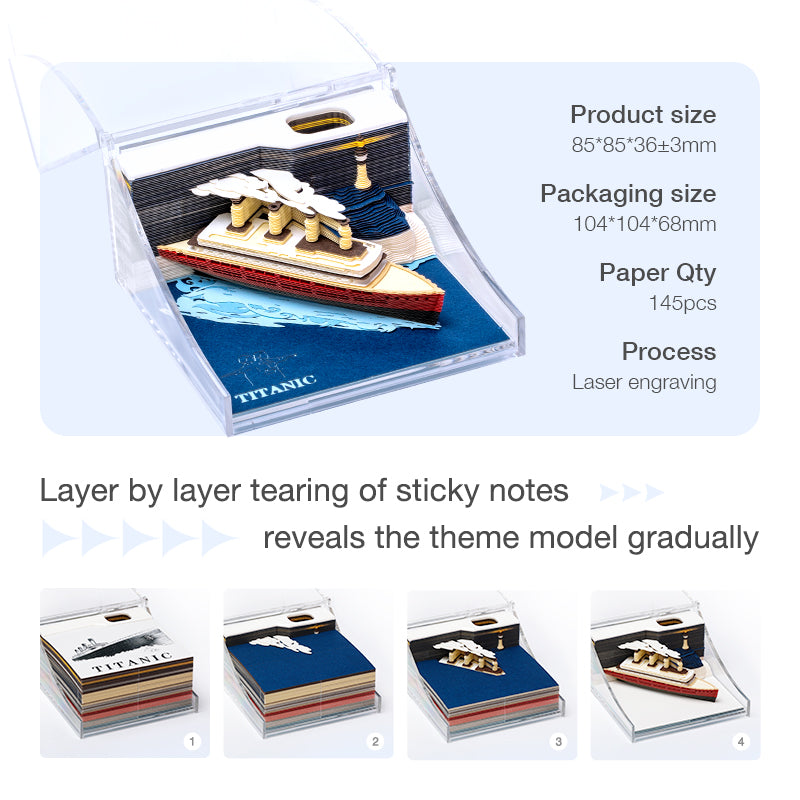 Titanic-themed sticky notes with packaging and product details.
