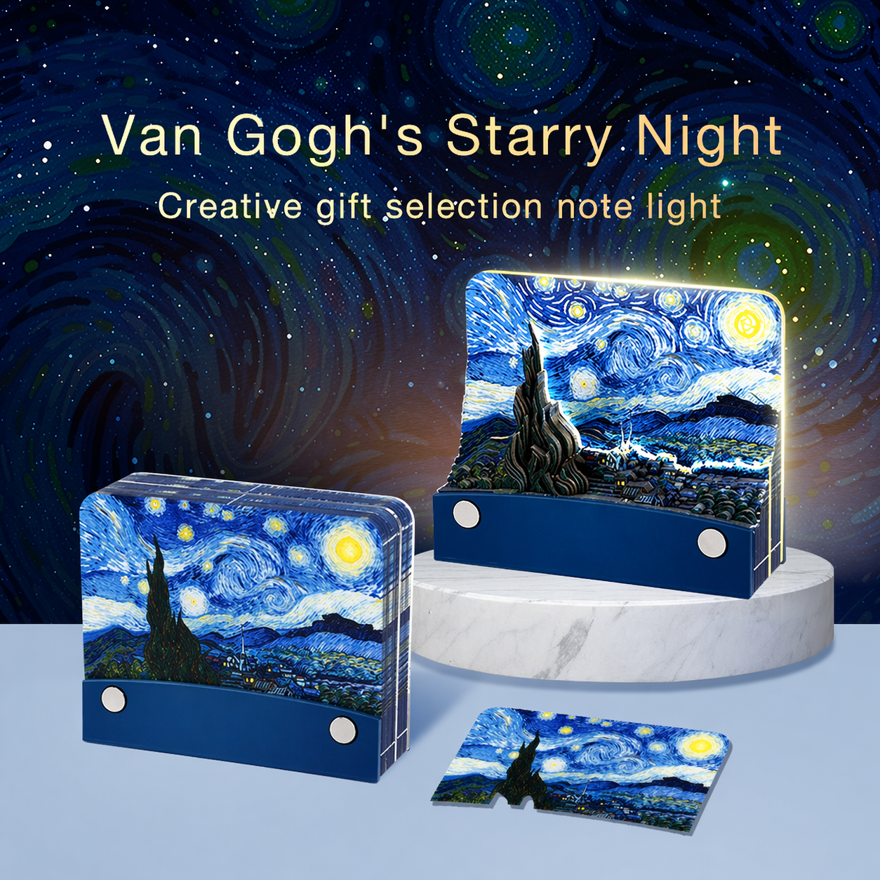 Van Gogh's Starry Night themed gift selection note light with packaging on a blue background